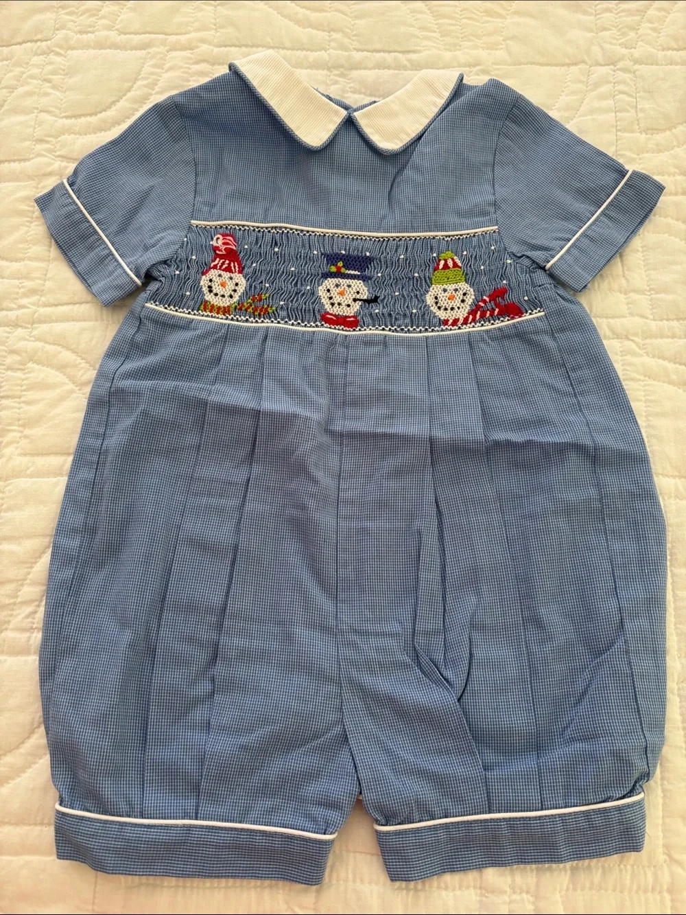 Adorable Smocked Snowman Shortall - Light Blue with White Trim 6 months